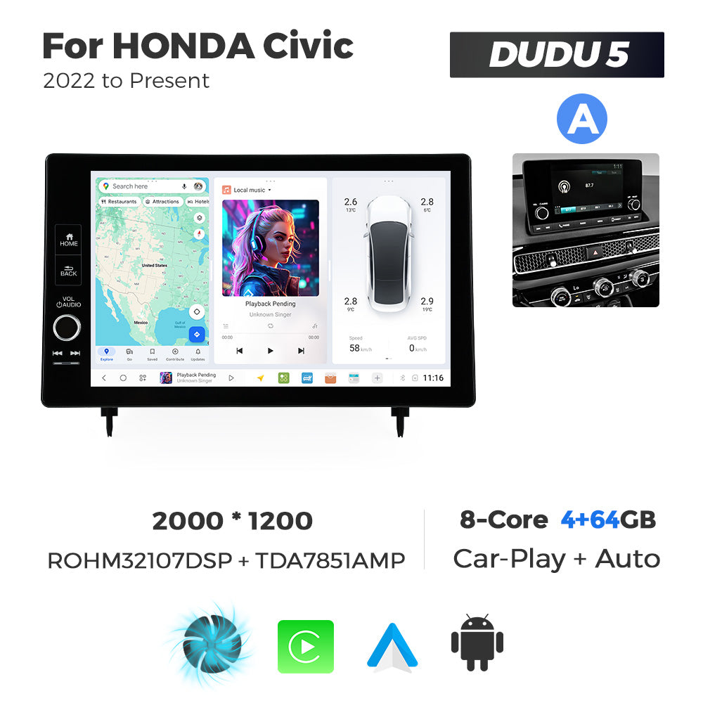Navifly DUDU7 8core Car Audio Radio 12G+512G 11.5inch Multimedia Player 2k Screen Navigation Car-play Auto for HONDA Civic 2022 to Present