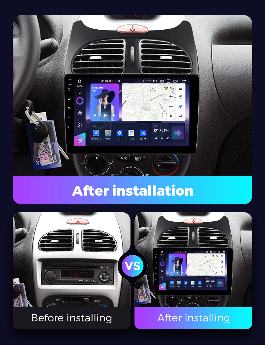 NaviFly NF Series Android 14 8G+256G 2K QLED screen CarPlay Auto DSP RDS 4GLte WIFI For Peugeot 206 2004-2008 9inch