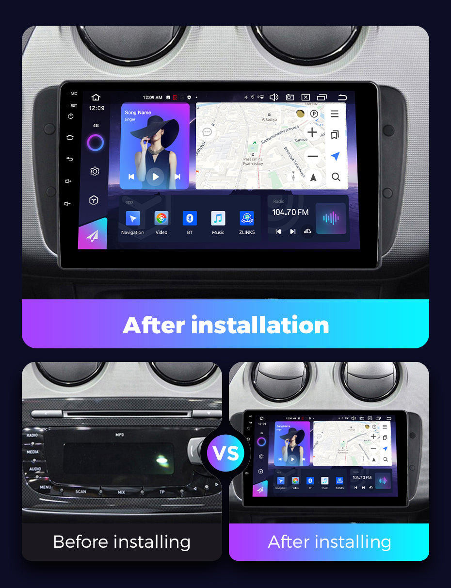 NaviFly NF Series Android 14 8G+256G 2K QLED screen CarPlay Auto DSP RDS 4GLte WIFI For Seat Ibiza 2009-2013 9inch
