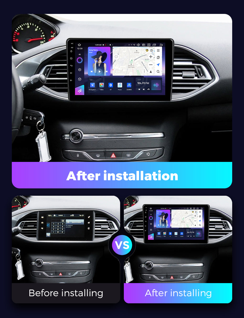NaviFly NF Series Android 14 8G+256G 2K QLED screen CarPlay Auto DSP RDS 4GLte WIFI For Peugeot 308 2013-2017-AB 9inch