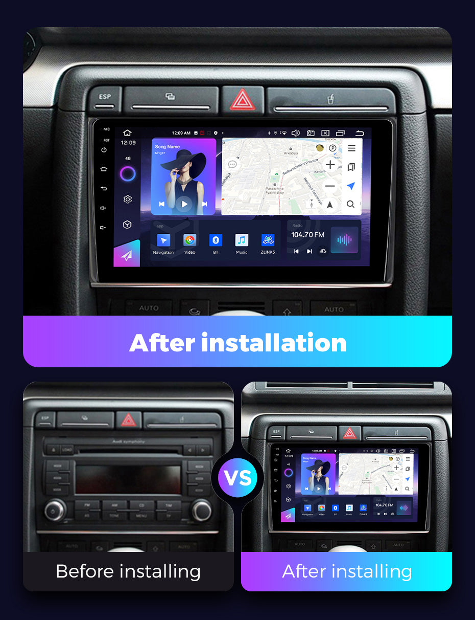 NaviFly NF Series Android 14 8G+256G 2K QLED screen CarPlay Auto DSP RDS 4GLte WIFI For Audi A4 9inch