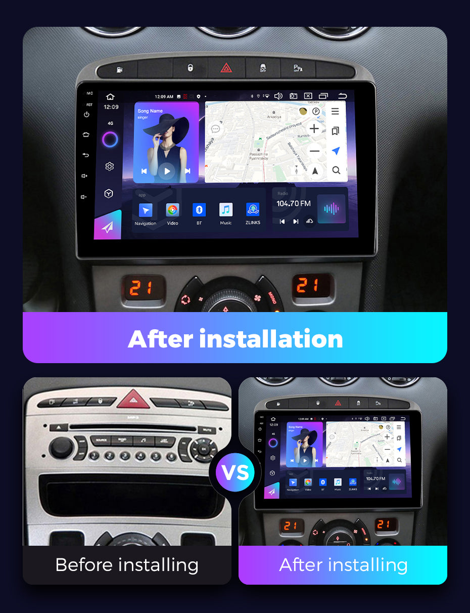 NaviFly NF Series Android 14 8G+256G 2K QLED screen CarPlay Auto DSP RDS 4GLte WIFI For Peugeot 408 9inch Gray Black