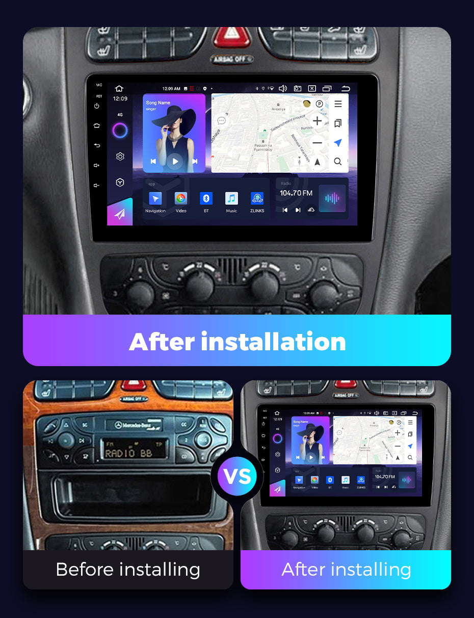 NaviFly NF Series Android 14 8G+256G 2K QLED screen CarPlay Auto DSP RDS 4GLte WIFI For Benz W209 9inch