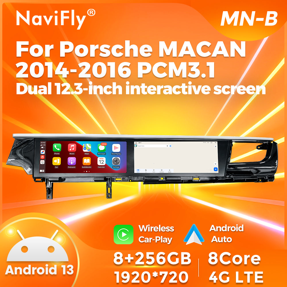 Navifly MNB MTK8667 8G+256G 12.3 inch Dual IPS Screen Android Car Radio Auto Car DVD Player Car-play 4g Wifi Bt for 2014-2017 Porsche MACAN  PCM4.0