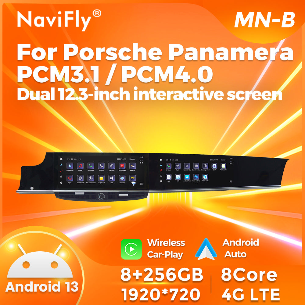 Navifly MNB MTK8667 8G+256G 12.3 inch Dual interactive screen Android Car Radio Auto Car DVD Player Car-play 4g Wifi Bt for Porsche Panamera  PCM4.0