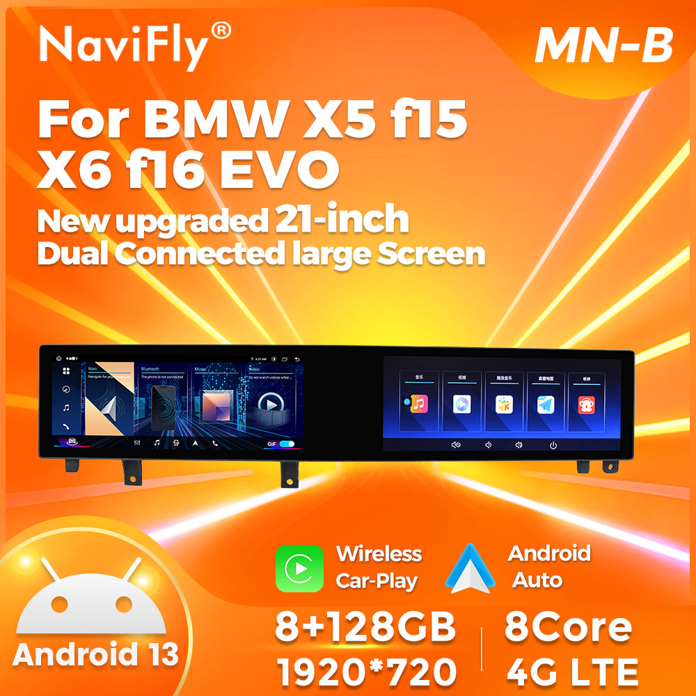 Navifly MNB MTK8667 8G+128G New upgraded 21-inch Dual Connected large Screen Android Car Radio Auto Car DVD Player Car-play 4g Wifi Bt for 2014-2017 BMW X5 F15 X6 F16 EVO