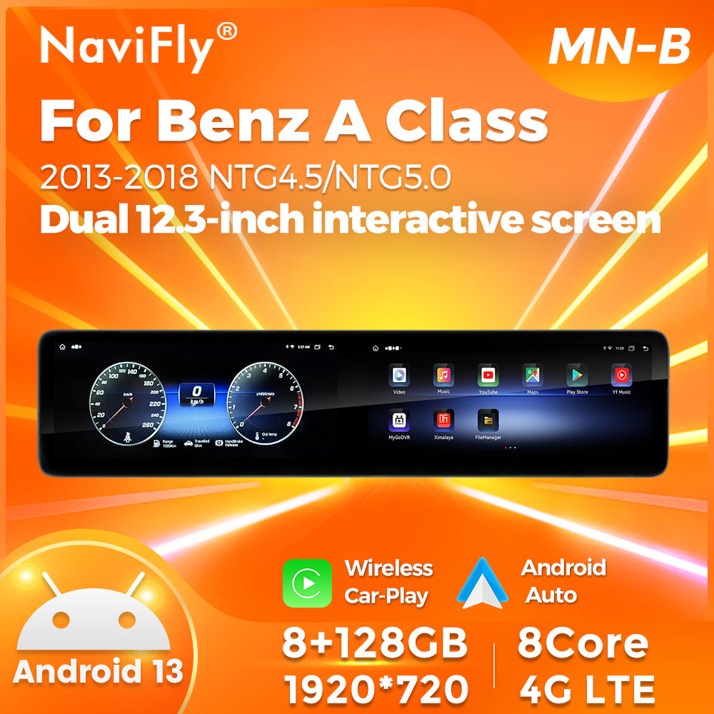 Navifly MNB Snapdragon 665 8G+128G Dual 12.3-inch interactive screen  Android Car Radio Auto Car DVD Player Car-play 4g Wifi Bt for 2013-2018 Benz A class NTG4.5/NTG5.0