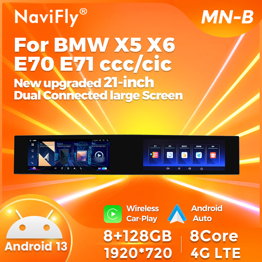 Navifly MNB MTK8667 8G+128G New upgraded 21-inch Dual Connected large Screen Android Car Radio Auto Car DVD Player Car-play 4g Wifi Bt for 2007-2014 BMW X5 X6 E70 E71 CCC CIC