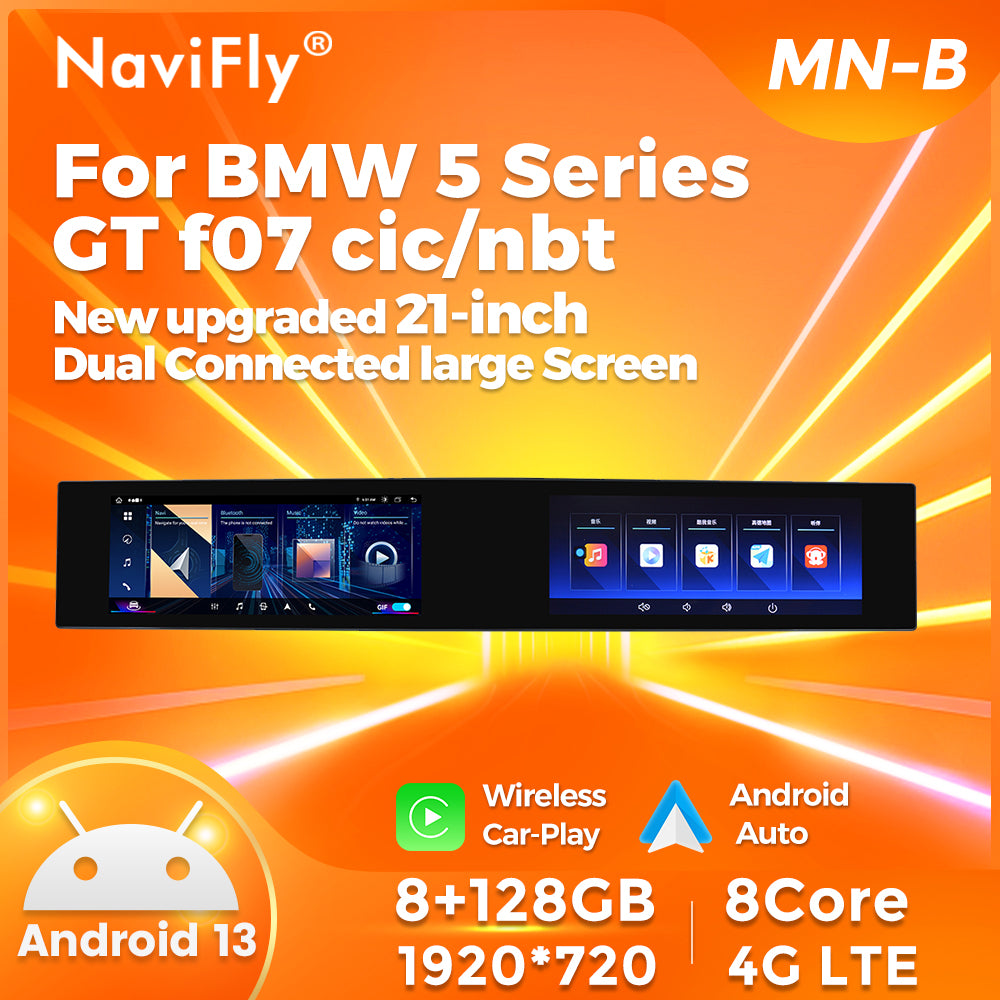 Navifly MNB MTK8667 8G+128G New upgraded 21-inch Dual Connected large Screen Android Car Radio Auto Car DVD Player Car-play 4g Wifi Bt for BMW 5 Series GT F07 CIC/NBT