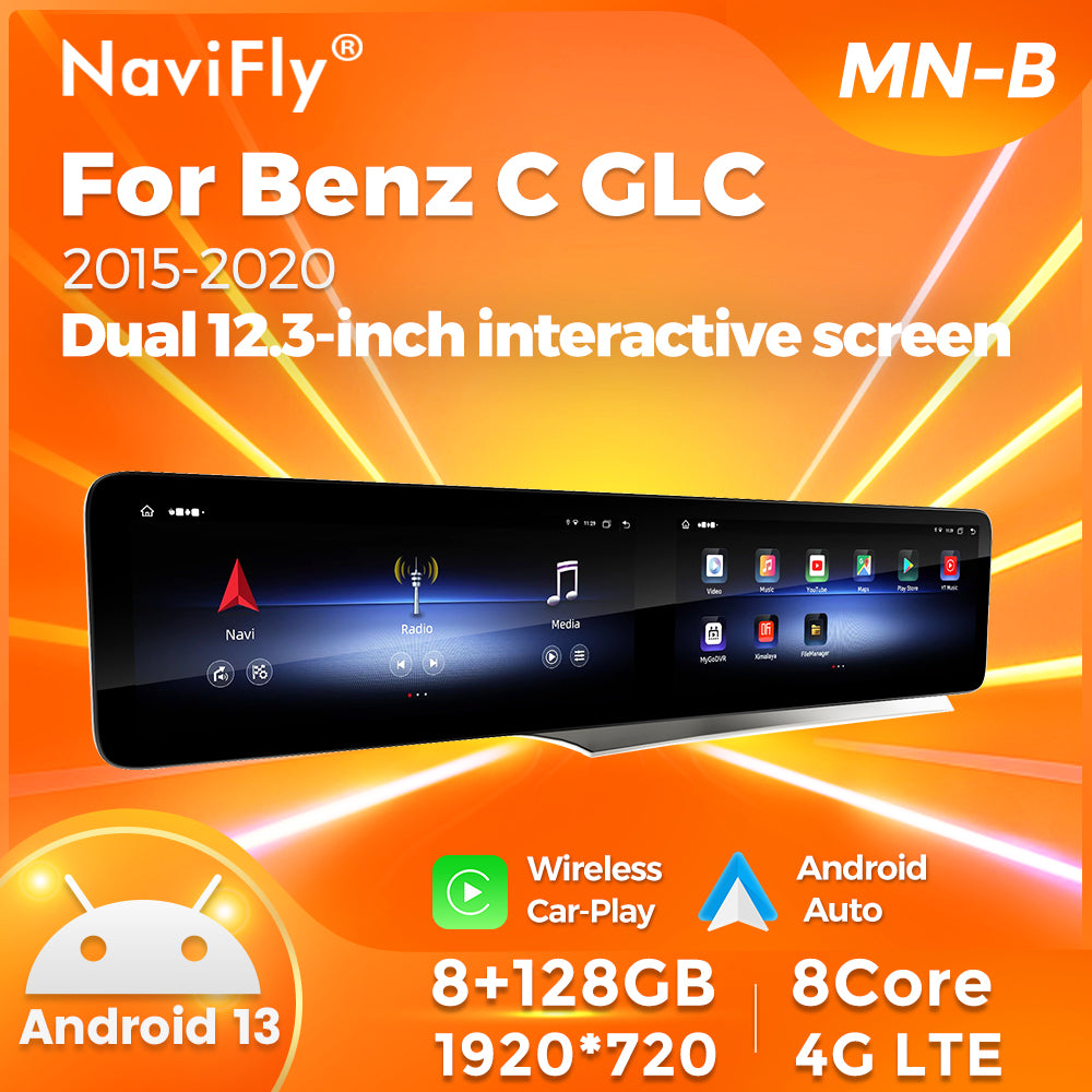 Navifly MNB MTK8667 8G+128G 12.3 inch Dual  interactive screen Android Car Radio Auto Car DVD Player Car-play 4g Wifi Bt for 2015-2020  Benz C GLC