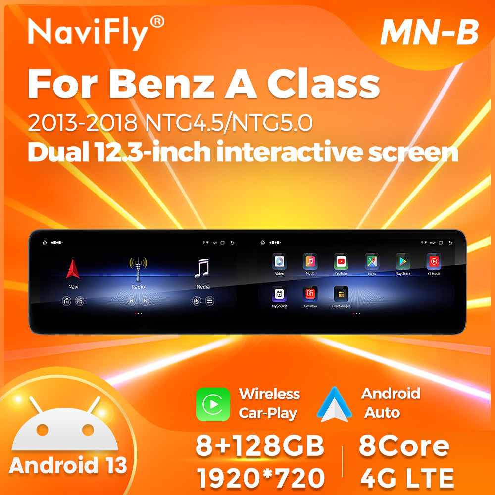 Navifly MNB MTK8667 8G+128G 12.3 inch Dual  interactive screen Android Car Radio Auto Car DVD Player Car-play 4g Wifi Bt for 2013-2018  Benz A Class NTG4.5/NTG5.0
