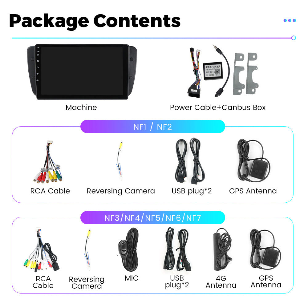 NaviFly NF Series Android 14 8G+256G 2K QLED screen CarPlay Auto DSP RDS 4GLte WIFI For Seat Ibiza 2009-2013 9inch