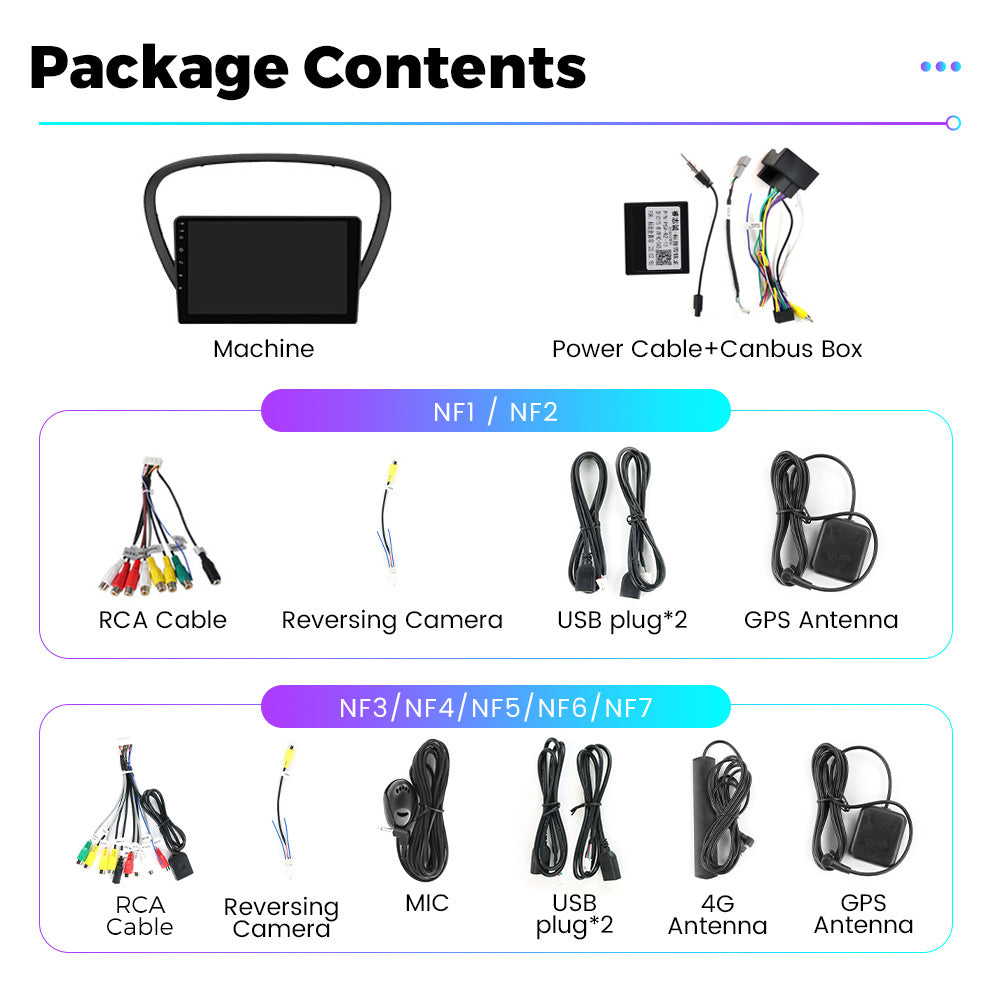 NaviFly NF Series Android 14 8G+256G 2K QLED screen CarPlay Auto DSP RDS 4GLte WIFI For Peugeot 607 2004-2010 9inch