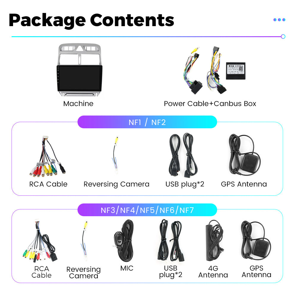 NaviFly NF Series Android 14 8G+256G 2K QLED screen CarPlay Auto DSP RDS 4GLte WIFI For Peugeot 307 2001-2008 9inch