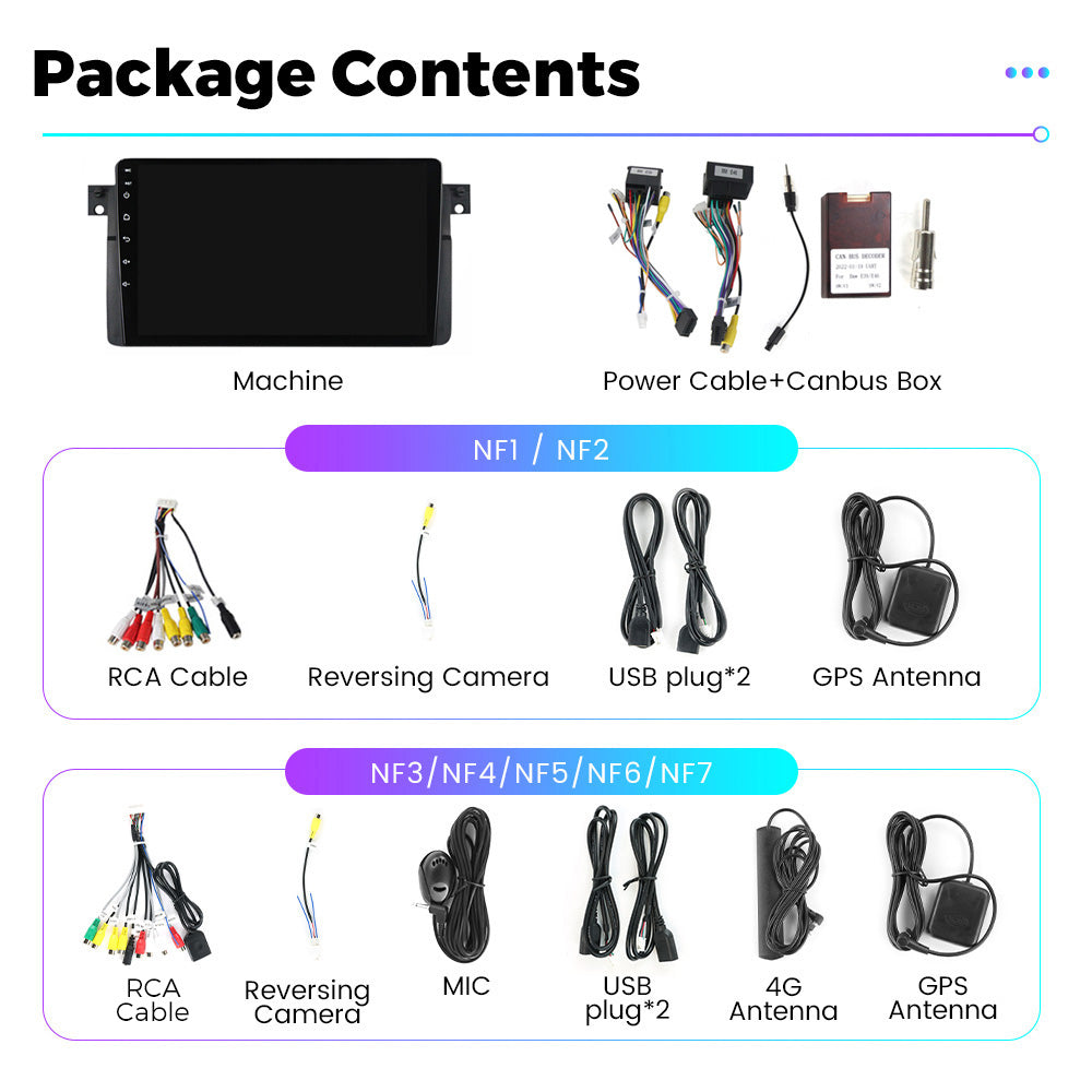 NaviFly NF Series Android 14 8G+256G 2K QLED screen CarPlay Auto DSP RDS 4GLte WIFI For BMW E46 9inch