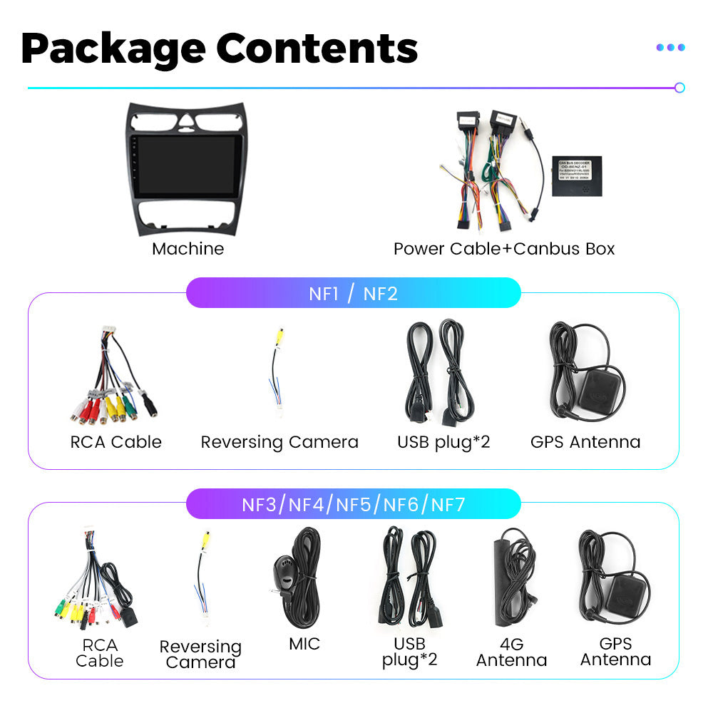NaviFly NF Series Android 14 8G+256G 2K QLED screen CarPlay Auto DSP RDS 4GLte WIFI For Benz CLK 2002-2005 9inch
