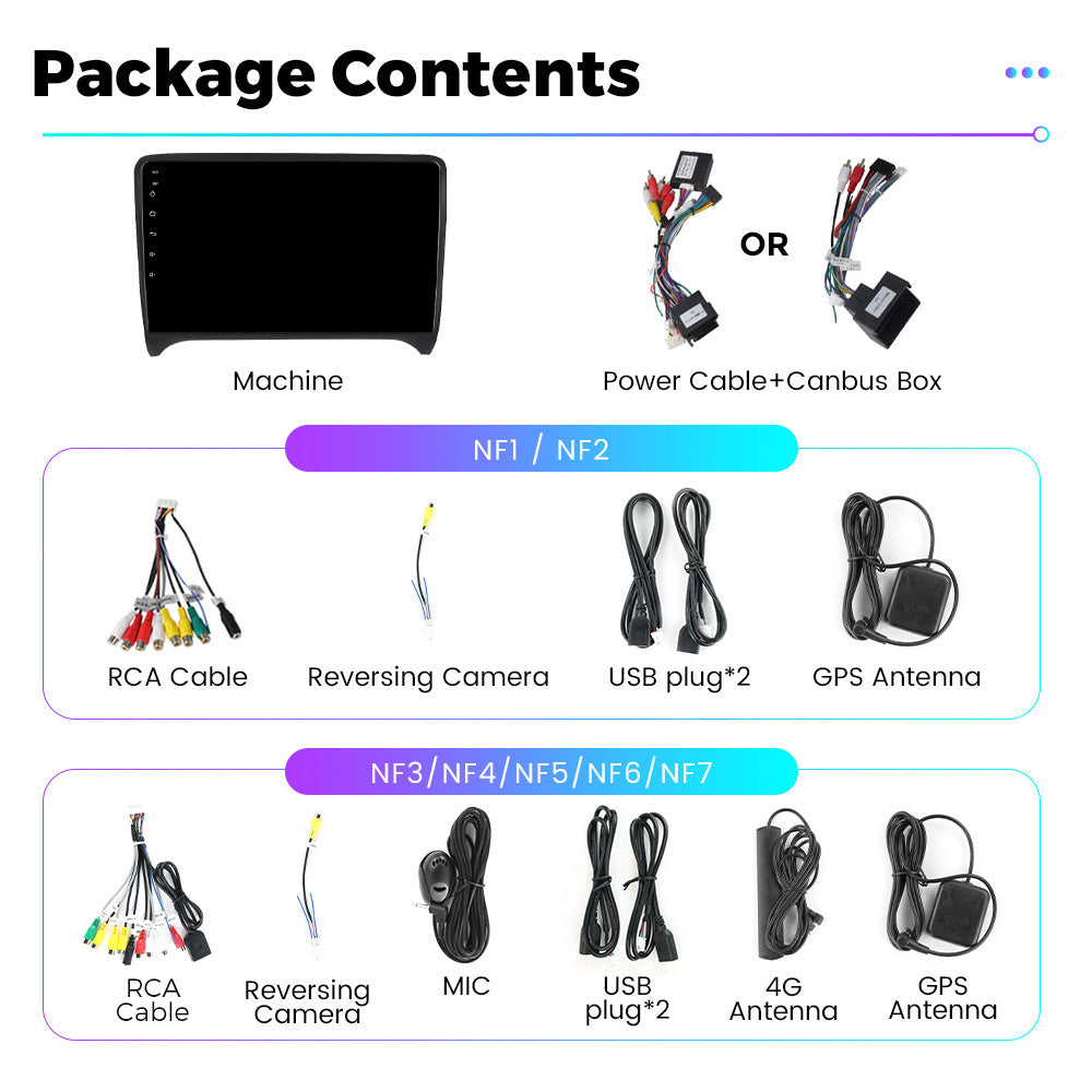 NaviFly NF Series Android 14 8G+256G 2K QLED screen CarPlay Auto DSP RDS 4GLte WIFI For Audi TT 2006-2012 9inch