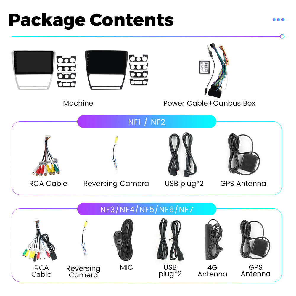NaviFly NF Series Android 14 8G+256G 2K QLED screen CarPlay Auto DSP RDS 4GLte WIFI For Skoda Octavia 2008-2013 10inch Silver Black