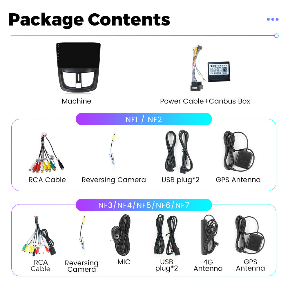 NaviFly NF Series Android 14 8G+256G 2K QLED screen CarPlay Auto DSP RDS 4GLte WIFI For Peugeot 207 2006-2015 9inch