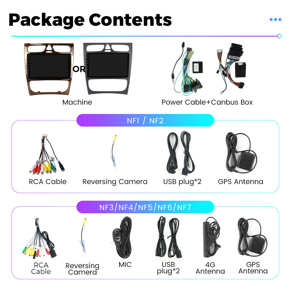 NaviFly NF Series Android 14 8G+256G 2K QLED screen CarPlay Auto DSP RDS 4GLte WIFI For Benz W209 9inch