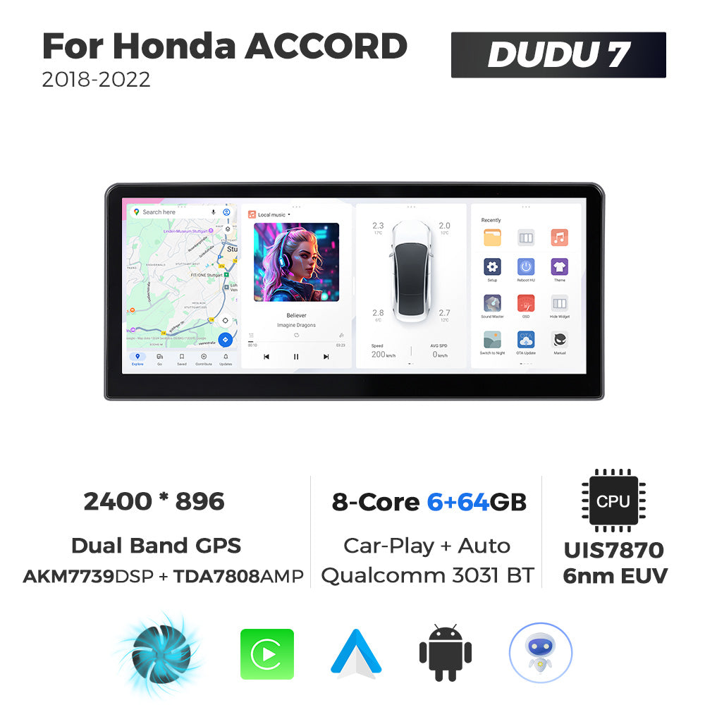 DUDU7 8core Car Audio Radio 12G+512G 12.3inch Multimedia Player 2k Screen Navigation Car-play Auto for Honda ACCORD 2018-2022