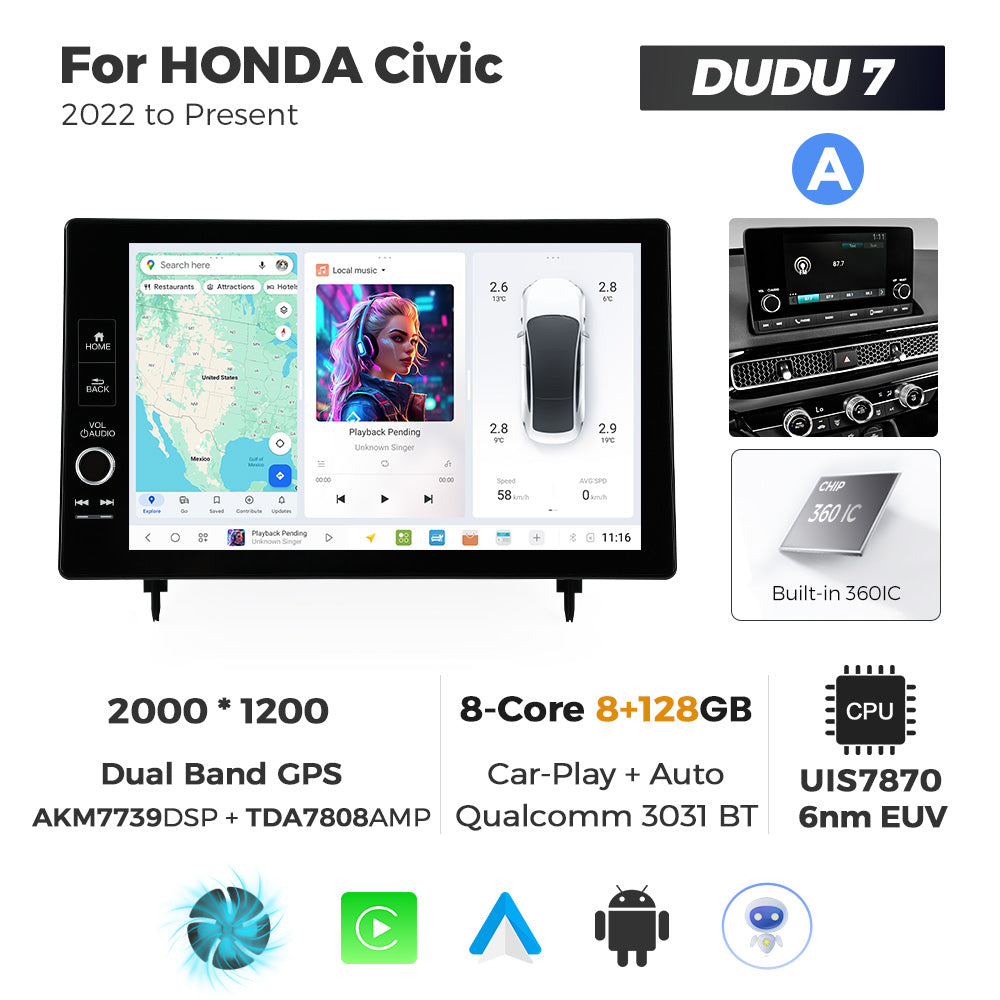 Navifly DUDU7 8core Car Audio Radio 12G+512G 11.5inch Multimedia Player 2k Screen Navigation Car-play Auto for HONDA Civic 2022 to Present