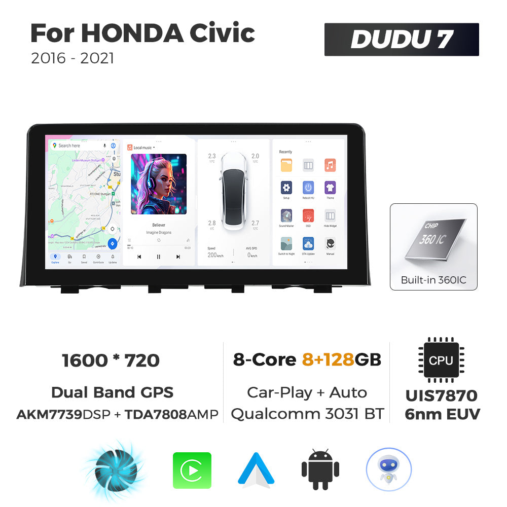 Navifly DUDU7 8core Car Audio Radio 12G+512G 10.33inch Multimedia Player 2k Screen Navigation Car-play Auto for HONDA Civic 2016-2021