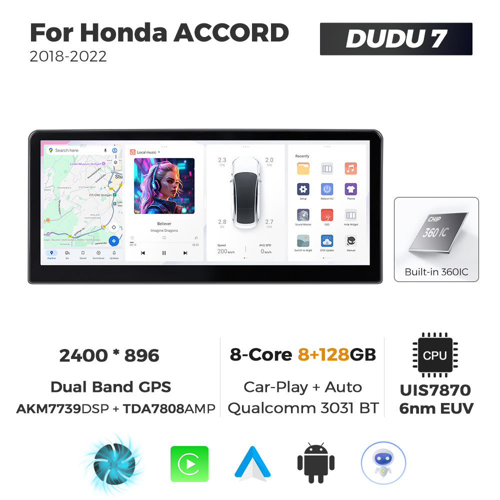 DUDU7 8core Car Audio Radio 12G+512G 12.3inch Multimedia Player 2k Screen Navigation Car-play Auto for Honda ACCORD 2018-2022
