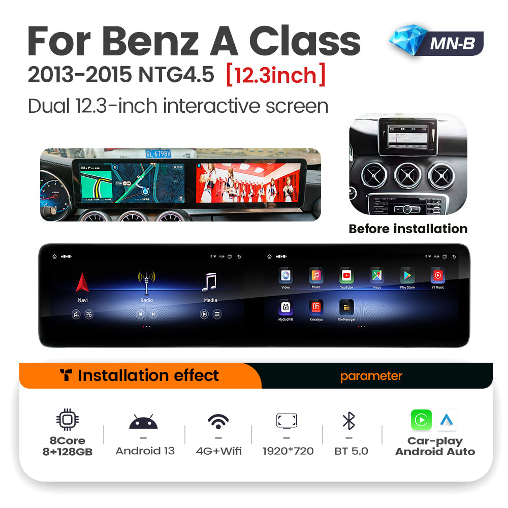 Navifly MNB MTK8667 8G+128G 12.3 inch Dual  interactive screen Android Car Radio Auto Car DVD Player Car-play 4g Wifi Bt for 2013-2018  Benz A Class NTG4.5/NTG5.0