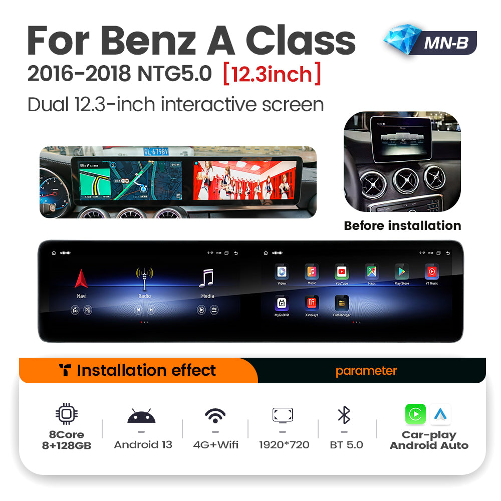 Navifly MNB MTK8667 8G+128G 12.3 inch Dual  interactive screen Android Car Radio Auto Car DVD Player Car-play 4g Wifi Bt for 2013-2018  Benz A Class NTG4.5/NTG5.0