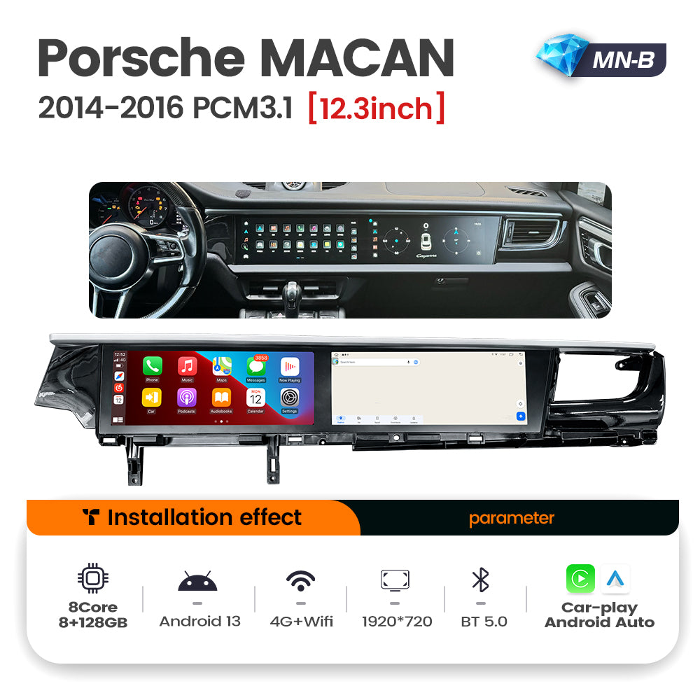 Navifly MNB MTK8667 8G+256G 12.3 inch Dual IPS Screen Android Car Radio Auto Car DVD Player Car-play 4g Wifi Bt for 2014-2017 Porsche MACAN  PCM4.0