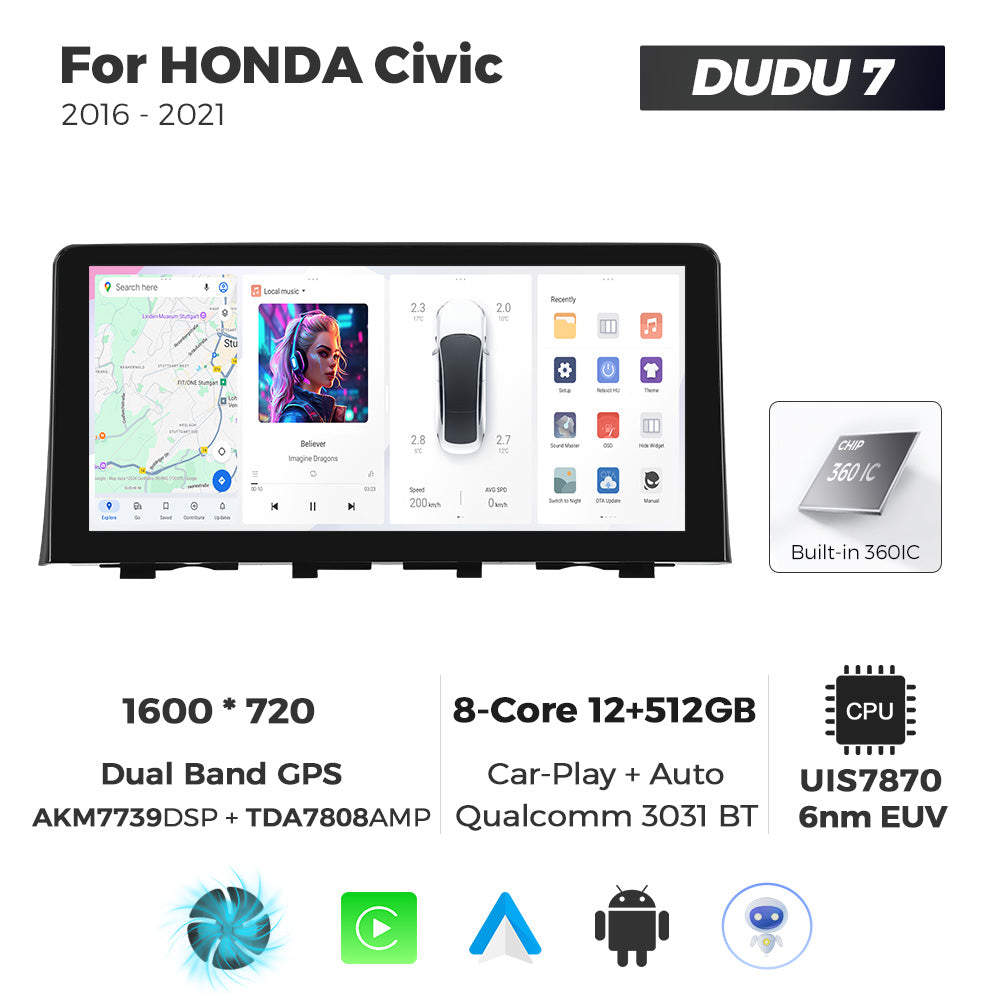 Navifly DUDU7 8core Car Audio Radio 12G+512G 10.33inch Multimedia Player 2k Screen Navigation Car-play Auto for HONDA Civic 2016-2021