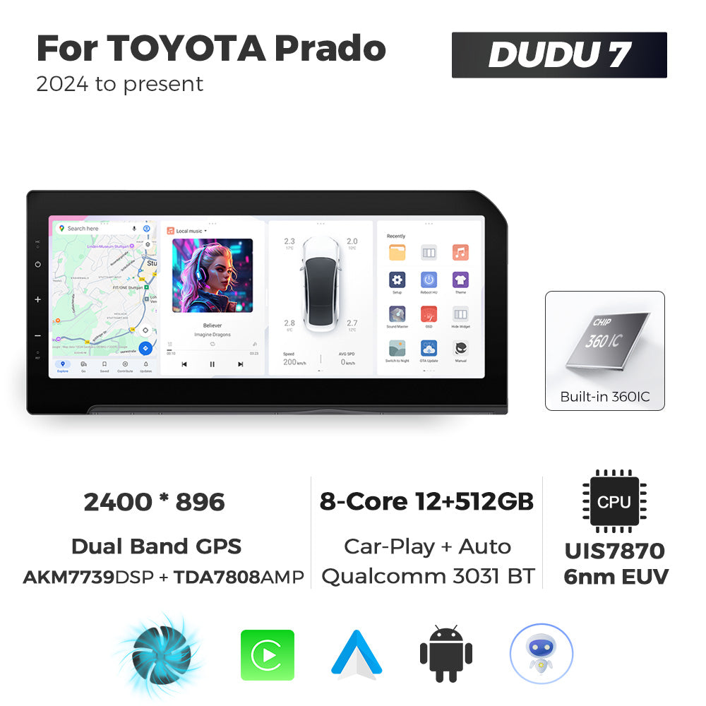 Navifly DUDU7 8core Car Audio Radio 12G+512G 12.3inch Multimedia Player 2k Screen Navigation Car-play Auto for TOYOTA Prado 2024 to present