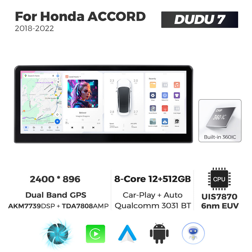 DUDU7 8core Car Audio Radio 12G+512G 12.3inch Multimedia Player 2k Screen Navigation Car-play Auto for Honda ACCORD 2018-2022