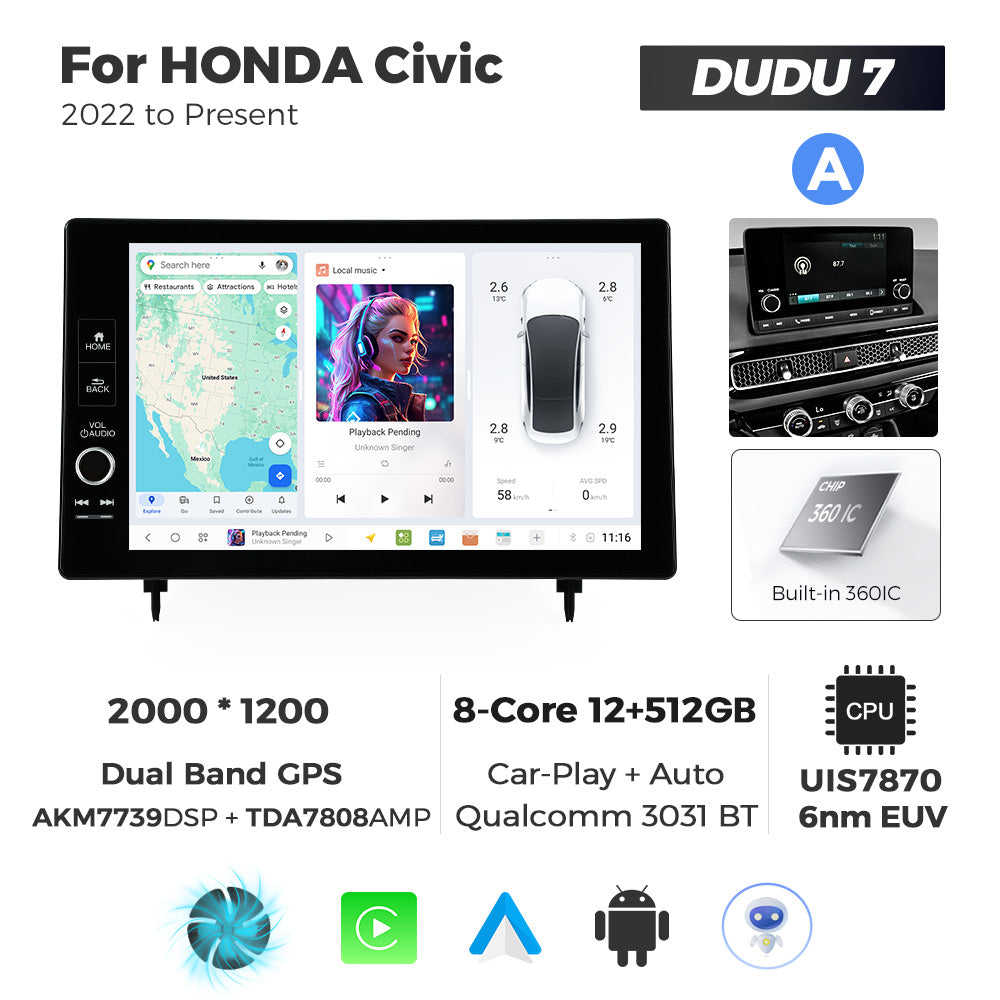 Navifly DUDU7 8core Car Audio Radio 12G+512G 11.5inch Multimedia Player 2k Screen Navigation Car-play Auto for HONDA Civic 2022 to Present