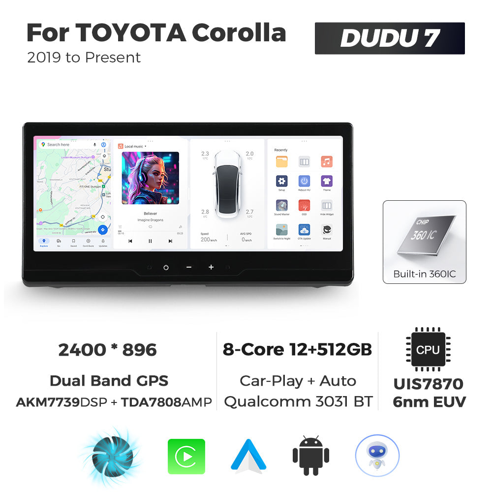 Navifly DUDU7 8core Car Audio Radio 12G+512G 12.3inch Multimedia Player 2k Screen Navigation Car-play Auto for TOYOTA Corolla 2019 to Present