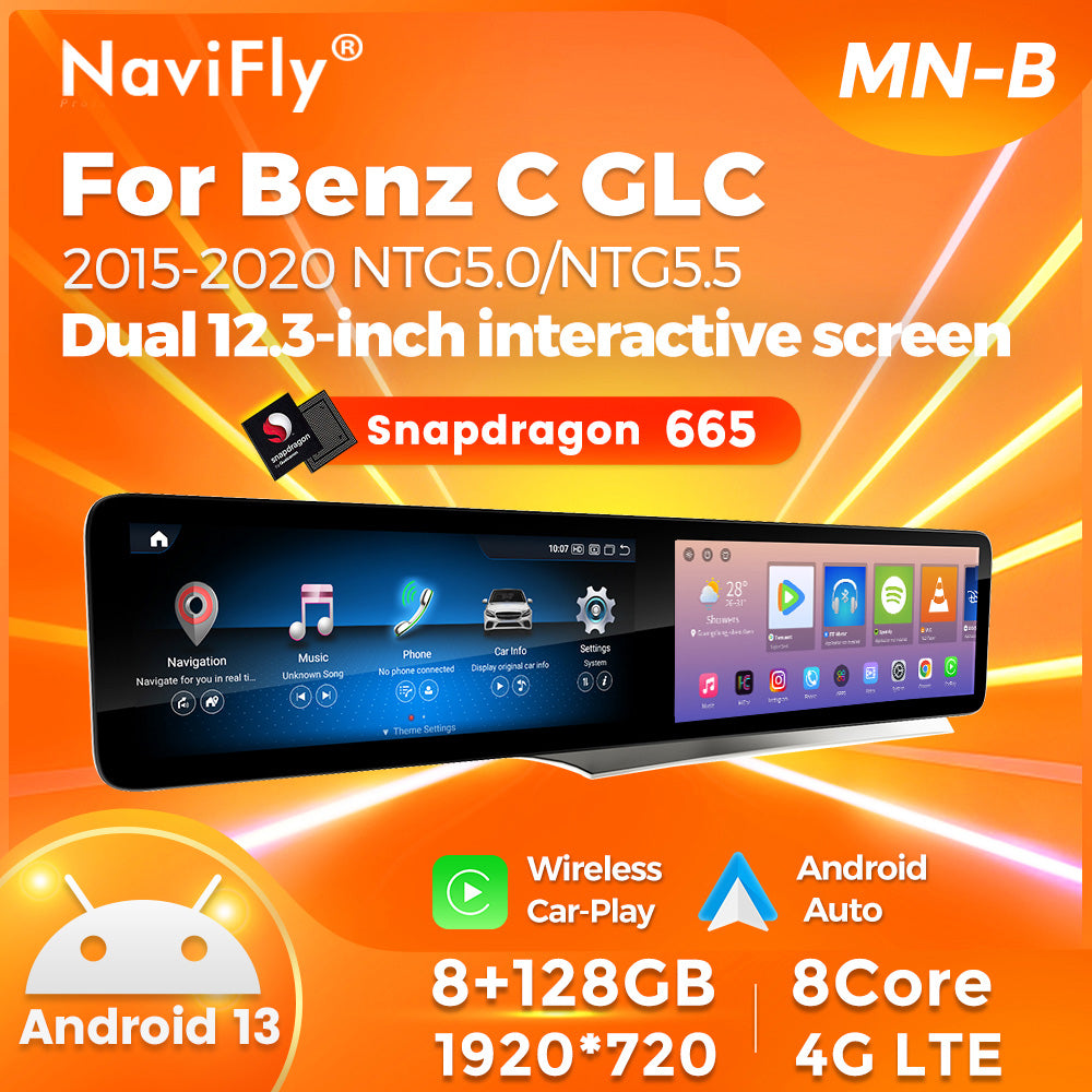 Navifly MNB Snapdragon 665 8G+128G Dual 12.3-inch interactive screen  Android Car Radio Auto Car DVD Player Car-play 4g Wifi Bt for 2015-2020 Benz C GLC NTG5.0/NTG5.5