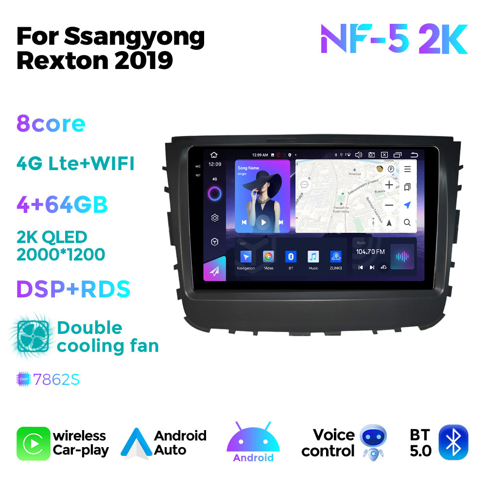 NaviFly NF Series Android 14 8G+256G 2K QLED screen CarPlay Auto DSP RDS 4GLte WIFI For Ssangyong Rexton 2019 9inch