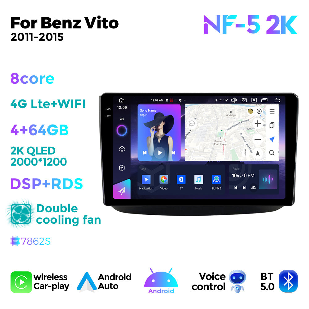 NaviFly NF Series Android 14 8G+256G 2K QLED screen CarPlay Auto DSP RDS 4GLte WIFI For Benz Vito 2011-2015 10.36inch