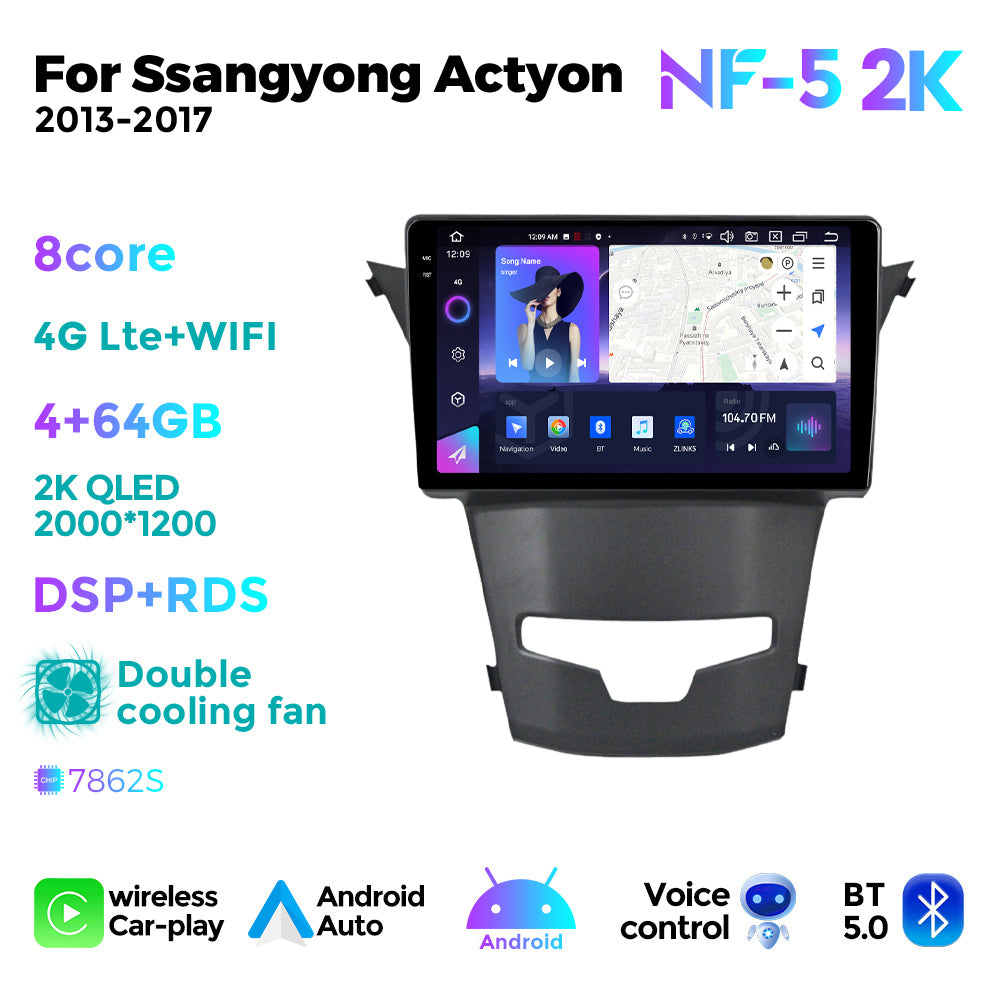 NaviFly NF Series Android 14 8G+256G 2K QLED screen CarPlay Auto DSP RDS 4GLte WIFI For Ssangyong Actyon 2013-2017 9inch