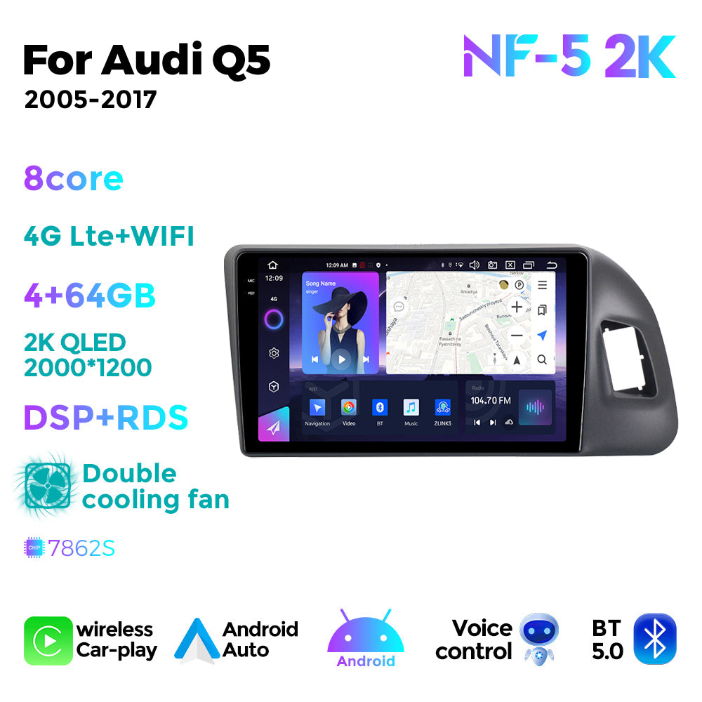 NaviFly NF Series Android 14 8G+256G 2K QLED screen CarPlay Auto DSP RDS 4GLte WIFI For Audi Q5 2005-2017 9inch