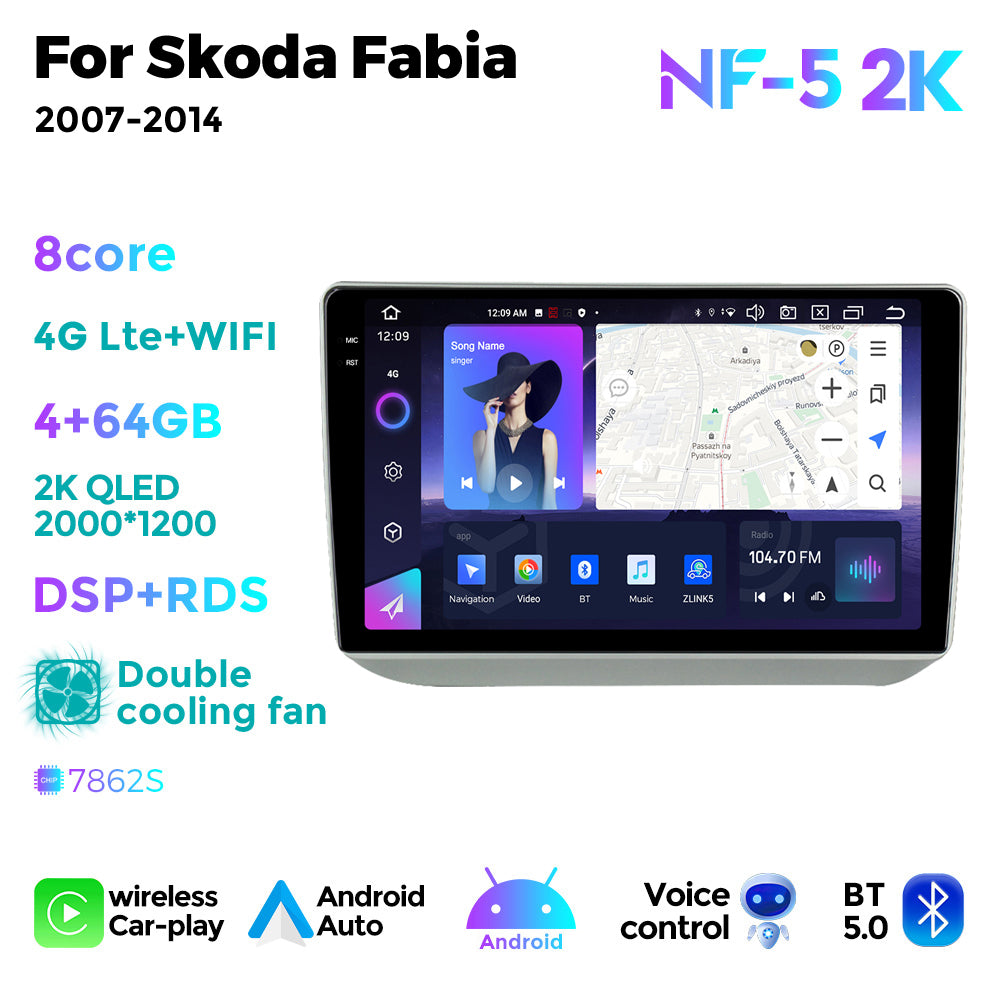 NaviFly NF Series Android 14 8G+256G 2K QLED screen CarPlay Auto DSP RDS 4GLte WIFI For Skoda Fabia 2007-2014 10inch