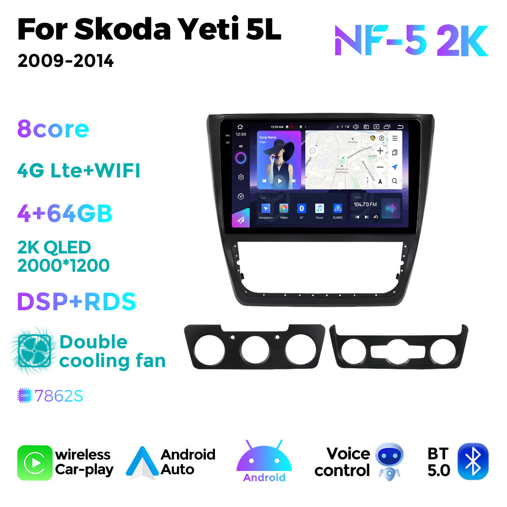 NaviFly NF Series Android 14 8G+256G 2K QLED screen CarPlay Auto DSP RDS 4GLte WIFI For Skoda Yeti 5L 2009-2014 10inch