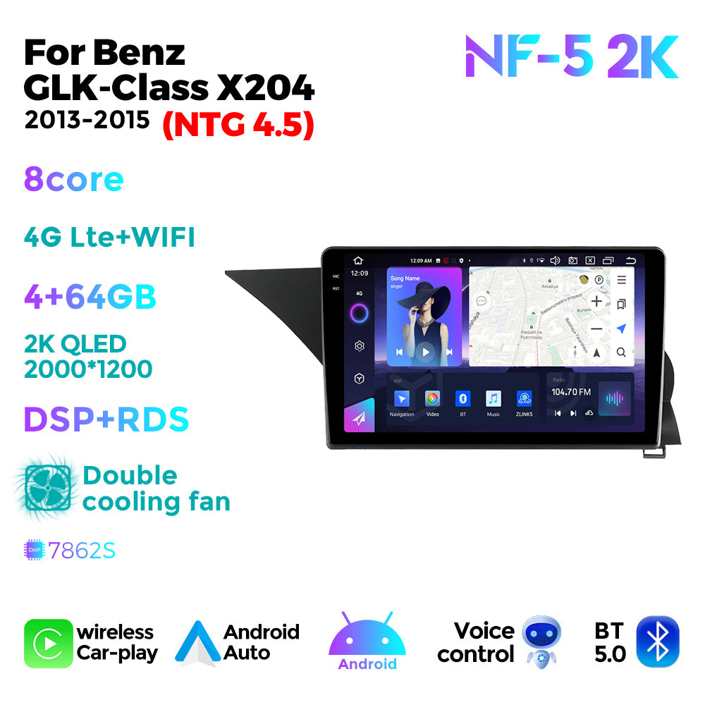 NaviFly NF Series Android 14 8G+256G 2K QLED screen CarPlay Auto DSP RDS 4GLte WIFI For Mercedes Benz GLK-Class X204 2013-2015(NTG 4.5) 9.5Inch