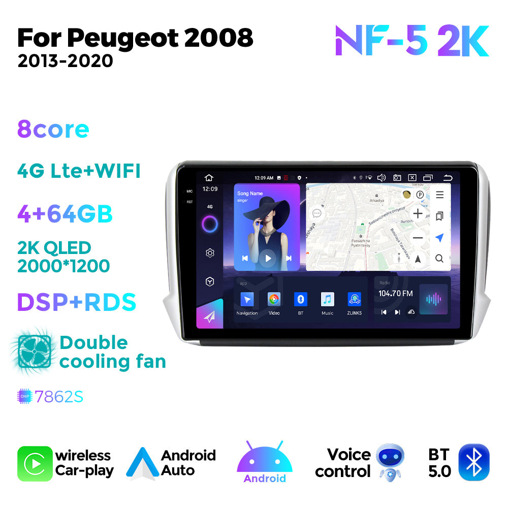 NaviFly NF Series Android 14 8G+256G 2K QLED screen CarPlay Auto DSP RDS 4GLte WIFI For Peugeot 2008 2013-2020 10inch