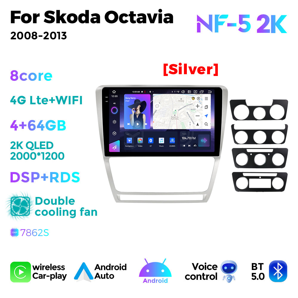 NaviFly NF Series Android 14 8G+256G 2K QLED screen CarPlay Auto DSP RDS 4GLte WIFI For Skoda Octavia 2008-2013 10inch Silver Black