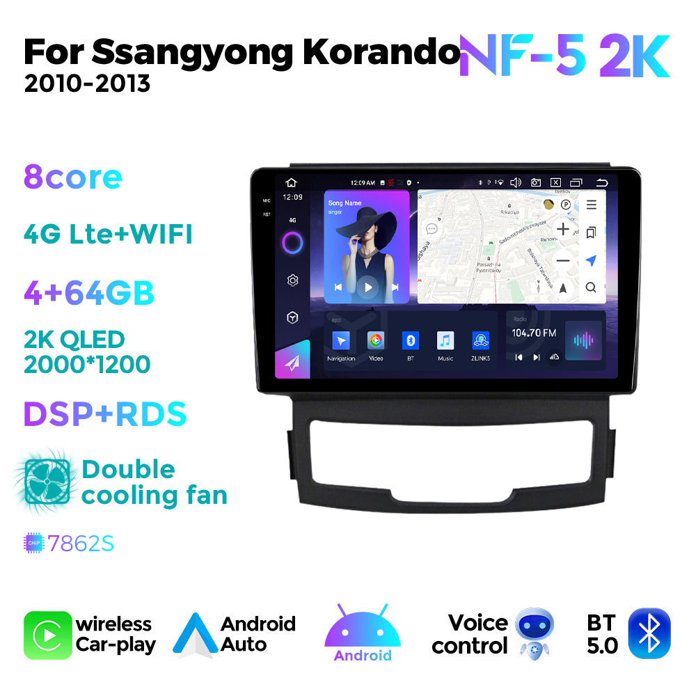 NaviFly NF Series Android 14 8G+256G 2K QLED screen CarPlay Auto DSP RDS 4GLte WIFI For Ssangyong Korando 2010-2013 9inch