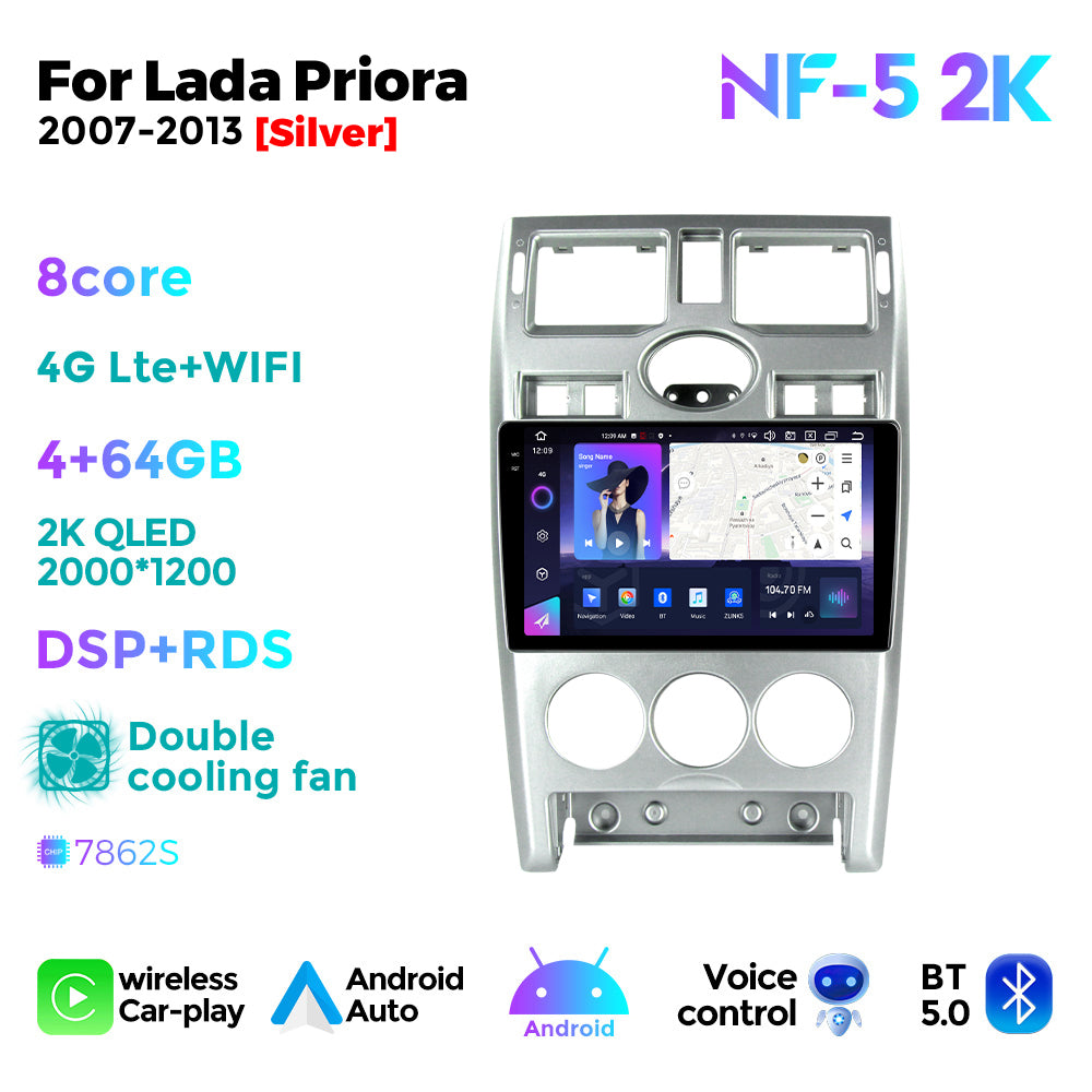 NaviFly NF Series Android 14 8G+256G 2K QLED screen CarPlay Auto DSP RDS 4GLte WIFI For Lada Priora 2007-2013 9inch