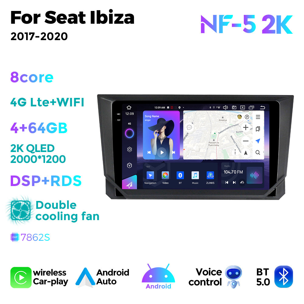 NaviFly NF Series Android 14 8G+256G 2K QLED screen CarPlay Auto DSP RDS 4GLte WIFI For Seat Ibiza 2017-2020 9inch