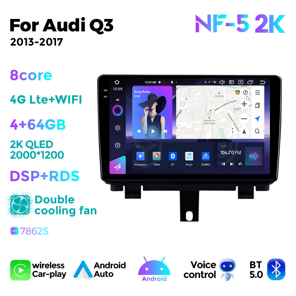 NaviFly NF Series Android 14 8G+256G 2K QLED screen CarPlay Auto DSP RDS 4GLte WIFI For Audi Q3 2013-2017 9inch